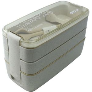 900ml 3 Layers Bento Box Lunch Box Food Container Wheat Straw Material Microwavable Dinnerware Lunchbox(Khaki)