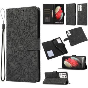 For Samsung Galaxy S21 Ultra 5G Skin Feel Embossed Sunflower Horizontal Flip Leather Case with Holder & Card Slots & Wallet & Lanyard(Black)