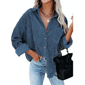 Effen kleur revers lange mouwen corduroy los casual shirt met zakken voor dames (kleur: blauw maat: XXL)