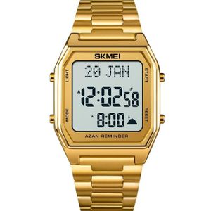 SKMEI 1763 Qibla Calendar Timing Multifunctional LED Digital Display Stainless Steel Strap Luminous Electronic Watch(Gold and White)