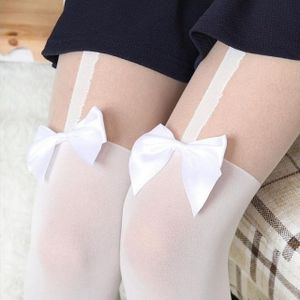 3 PCS Sexy Tights fake High Stocking Pantyhose Mock Bow Suspender High Knee Tattoo Tights(White)