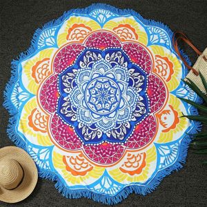 Microfiber Colorful Printed Tassel Lotus Summer Bath Towel Sand Beach Towel Shawl Scarf  Size: 150 x 150cm(Blue+Yellow)