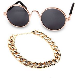 Fashion Cool Funny Pet Accessories Sunglasses Vintage Straw Hat Dog Gold Necklace Bell Collar Cat Tie  Size: Two-Piece