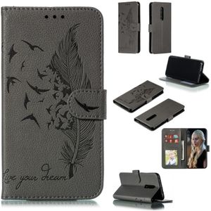 Feather Pattern Litchi Texture Horizontal Flip Leather Case with Wallet & Holder & Card Slots For OnePlus 7 Pro(Gray)