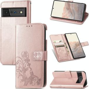 For Google Pixel 6 Pro Four-leaf Clasp Embossed Buckle Mobile Phone Protection Leather Case with Lanyard & Card Slot & Wallet & Bracket Function(Rose Gold)