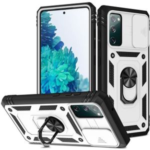 For Samsung Galaxy S20 FE Sliding Camera Cover Design TPU + PC Protective Case with 360 Degree Rotating Holder & Card Slot(White+Black)