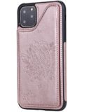 For iPhone 11 Pro Max Cat Tree Embossing Pattern Shockproof Protective Case with Card Slots & Photo Frame & Holder(Rose Gold)