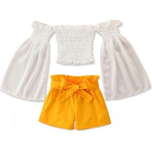 Girls Casual Long-sleeved Loose Short Top And Shorts Two-piece Suit (Color:White Size:130)