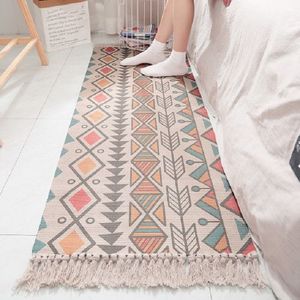 Cotton Hand-woven Bedside Carpet Home Long Fringed Anti-slip Mat  Size:60×180 cm(Indian Style)