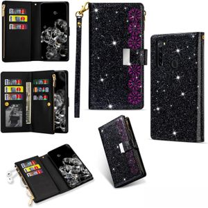 For Xiaomi Redmi Note 8 Multi-card Slots Starry Sky Laser Carving Glitter Zipper Horizontal Flip Leather Case with Holder & Wallet & Lanyard(Black)