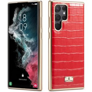 Voor Samsung Galaxy S22 Ultra 5G Fierre Shann Krokodil Textuur Galvaniseren PU Telefoon Case (Rood)