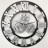 Retro Wooden Round Single-sided Gear Clock Rome Number Wall Clock  Diameter: 30cm(Silver)