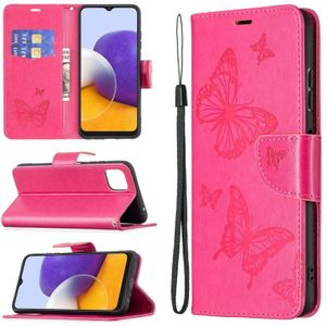 For Samsung Galaxy A22 5G Embossing Two Butterflies Pattern Horizontal Flip PU Leather Case with Holder & Card Slot & Wallet & Lanyard(Rose Red)