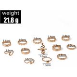 13 stks/set Overdreven Serpentine Bloem Liefde Geometrische Gezamenlijke Ring (SKU6205 Goud)