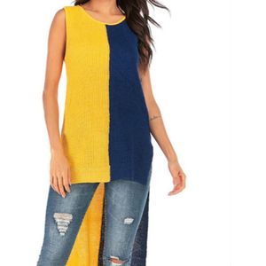 Women Fashion Short Front Behind Long Pullover Sleeveless Sweater  Size: L(Yellow Blue)