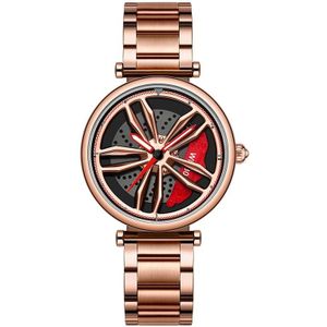 SANDA 1074 3D Hollow Out Wheel Non-rotatable Dial Quartz Watch for Women  Style:Steel Belt(Rose Gold)