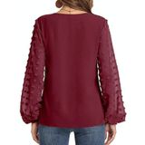 V-hals Chiffon Wol Ball Decoratieve Lange Mouw Blouse (kleur: Wijnrood Maat: L)