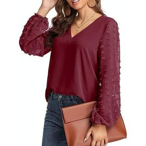 V-hals Chiffon Wol Ball Decoratieve Lange Mouw Blouse (kleur: Wijnrood Maat: L)