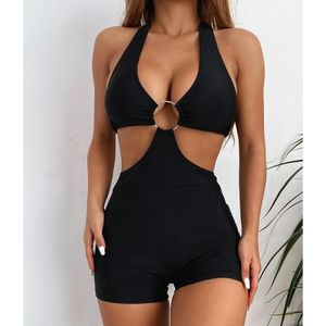 Ladies Big Steel Ring One-Piece Swimsuit Halter Bikini with Chest Pad (Color:Black Size:S)