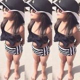 Cute Baby Girl Bikini Striped Triangle Bow Bathing Suit Proud Princess Beachwear  Size:80(Black)