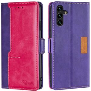 Voor Samsung Galaxy A13 5G Retro Texture Contrast Kleur Zij Buckle Horizontale Flip Lederen Case met Houder & Card Slots & Portemonnee (Paars + Rose Red)