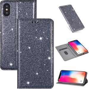 For iPhone X / XS Ultrathin Glitter Magnetic Horizontal Flip Leather Case with Holder & Card Slots(Gray)