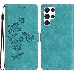 Voor Samsung Galaxy S23 Ultra 5G Bloem Vlinder Embossing Patroon Lederen Telefoonhoes (Sky Blue)