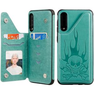 Voor Galaxy A50 Skull Head Embossing Pattern Shockproof Protective Case met Holder & Card Slots & Wallet(Green)