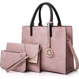 3 in 1 Leather Women Large Tote Bags Shoulder Bag Messenger Bag Purse(Pink)