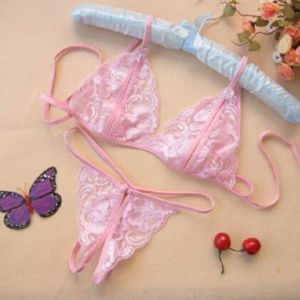 3 PCS Lady Lotion Open Sexy Lace Three-Point Erotic Lingerie Open Panties Temptation Set(Pink)
