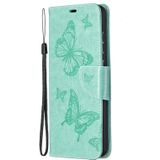 For Samsung Galaxy A72 5G Embossing Two Butterflies Pattern Horizontal Flip PU Leather Case with Holder & Card Slot & Wallet & Lanyard(Green)