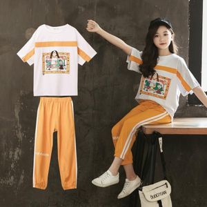Girls Short-sleeved Blouse + Two-piece Casual Trousers (Color:White Clothes And Yellow Pants Size:160)