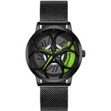 Sanda 1070 3D Ovaal Hol Wiel Niet-roteerbaar Dial Quartz Horloge voor Mannen  Stijl: Mesh Riem (Zwart Groen)