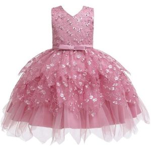 Girls Irregular Embroidered Beaded Bow-knot Tutu Sleeveless Dress Show Dress  Appropriate Height:90cm(Bean Powder)