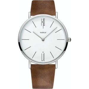 YAZOLE 506 Simple Large Scale Dial Men Business Quartz Watch(Silver Shell White Tray Brown Belt)