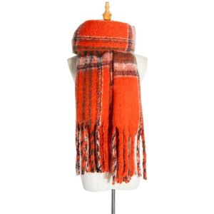 Autumn & Winter Polyester Ladies Warmth Thickened Fringed Fine Grid Scarf  Size:190cm(GWB12-04 Orange)