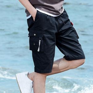 Summer Cotton Solid Color Loose Casual Cargo Shorts for Men (Color:Black Size:L)