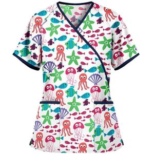 Gedrukte V-hals Mid-Length Nurse Uniform T-shirt (kleur: White Size: XL)