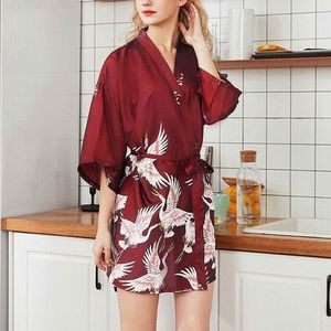 Womens Summer Print Kimono Robe Satin Lace Gown Fashion Sleepwear  Size:L(Red)