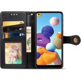 For Samsung Galaxy A21 U.S. Edition Retro Solid Color Leather Buckle Phone Case with Lanyard & Photo Frame & Card Slot & Wallet & Stand Function(Black)