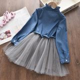 Girls Denim Jacket + Mesh Skirt Two Sets (Color:Dark Blue Size:110)