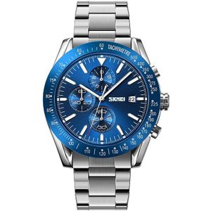 SKMEI 9253 Men Stopwatch Date Six Pin Stainless Steel Strap Quartz Watch(Silver Blue)