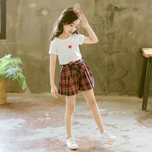 Girls Short-sleeved Blouse + Culottes Two-piece Suit (Color:White Size:160)