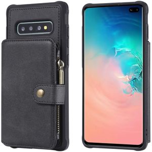 For Galaxy S10 Plus Zipper Shockproof Protective Case with Card Slots & Bracket & Photo Holder & Wallet Function(Black)