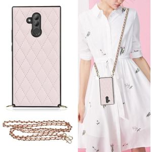 For Huawei Mate 20 Lite Elegant Rhombic Pattern Microfiber Leather +TPU Shockproof Case with Crossbody Strap Chain(Pink)