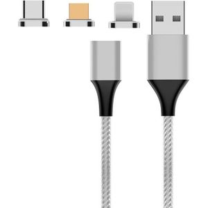 M11 3 in 1 3A USB to 8 Pin + Micro USB + USB-C / Type-C Nylon Braided Magnetic Data Cable  Cable Length: 2m (Silver)