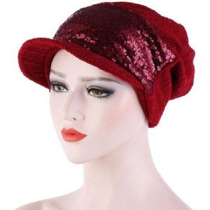 2 PCS Women Breathable Wild Empty Top Hat Sequined Turban Hat  Size:One Size(Red Wine)