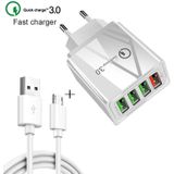 2 in 1 1m USB naar Micro USB Data Cable + 30W QC 3.0 4 USB Interfaces Mobile Phone Tablet PC Universal Quick Charger Travel Charger Set  EU Plug(Black)