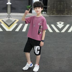 Two-piece Summer Childrens Loose Short-sleeved Casual Pants (Color:Purple Size:140)