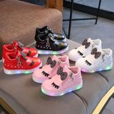 Kids Shoes Baby Infant Girls Eyelash Crystal Bowknot LED Luminous Boots Shoes Sneakers  Size:34(Black)